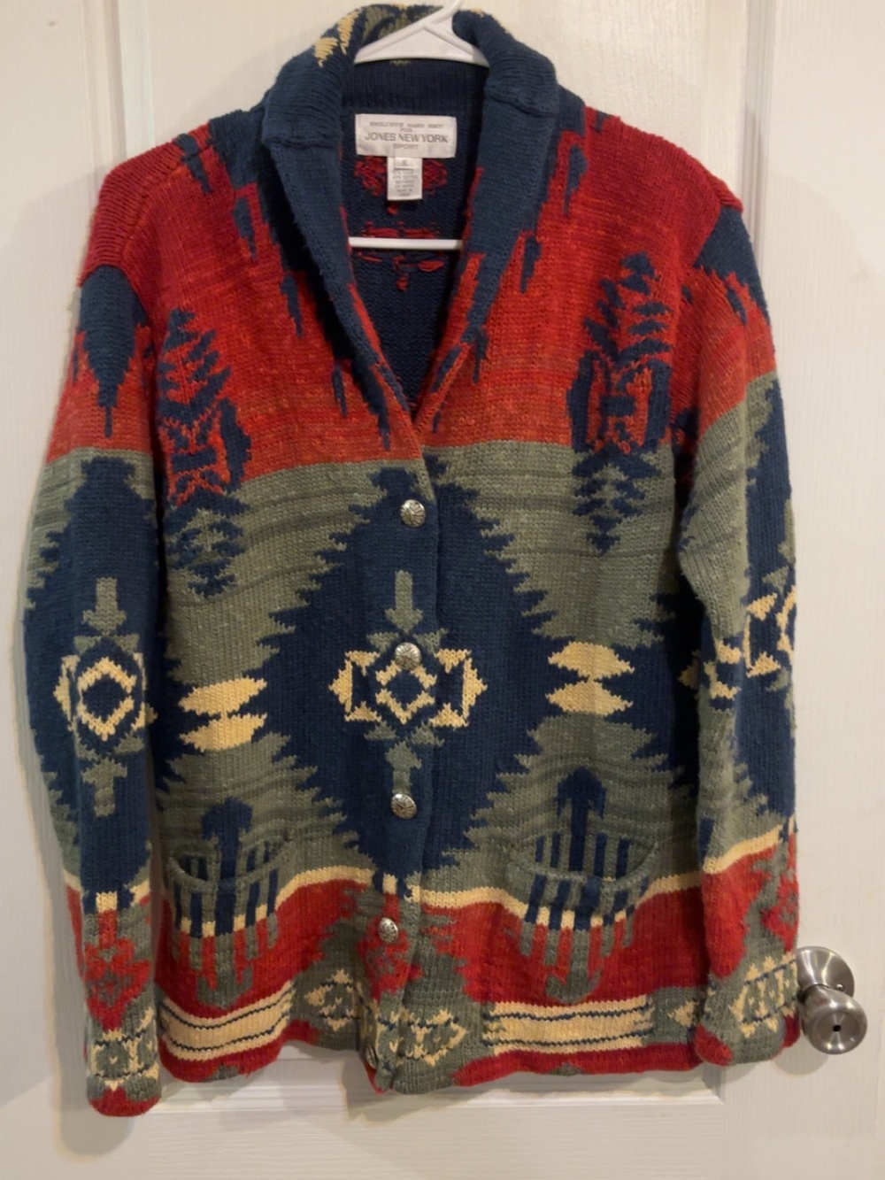 Jones New York vintage Aztec Patterned Shawl Collar Cardigan Sweater size small